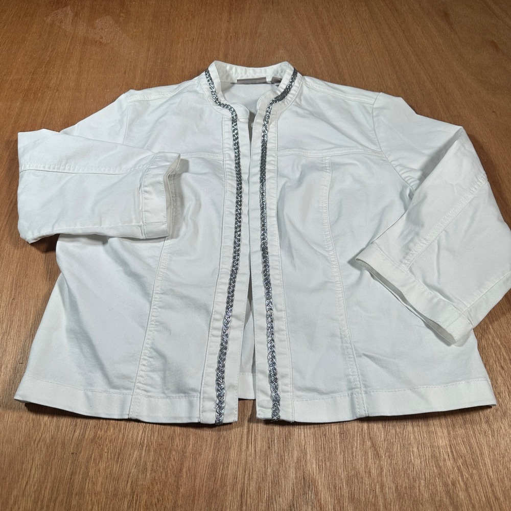 Chico's Open Front Jacket Women Sz 2(L) White Silver Trim 3/4 Sleeve Denim Style